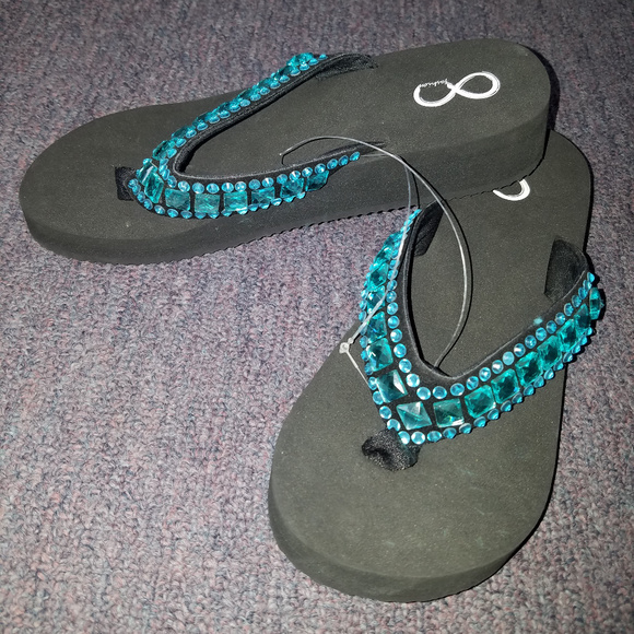 8 Bling Flip Flops, Size 9, New, Black, Turquoise - Picture 2 of 5